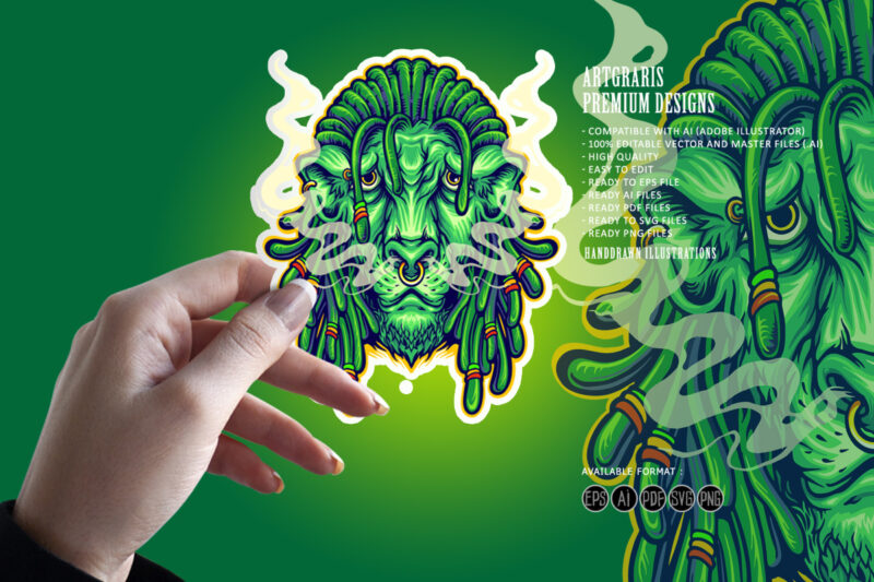 Dreadlock Head Lion Mascot with Cannabis Smoke Illustrations