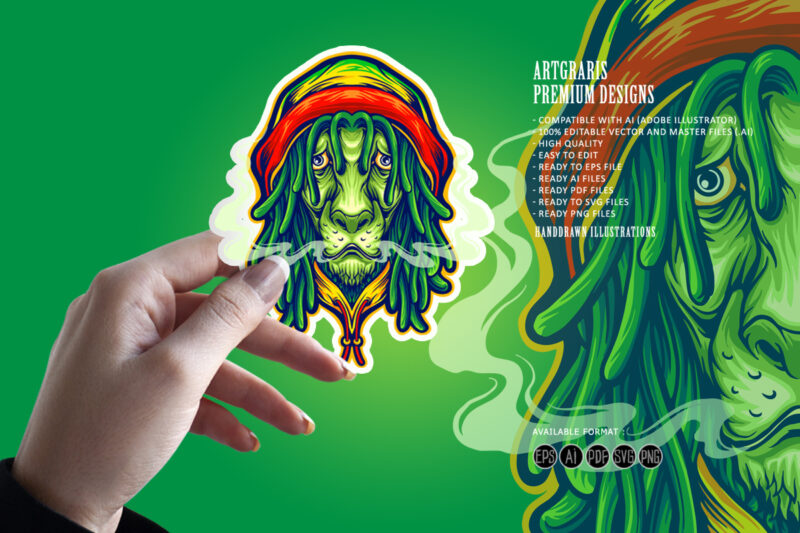 Head Rasta lion weed smoke Mascot Illustrations