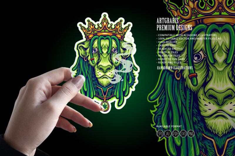 King Lion Gold crown Green weed smoke Cartoon Illustrations