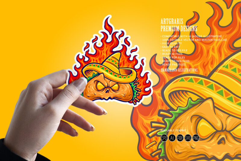 Angry Food mexican taco on fire Mascot Illusrations