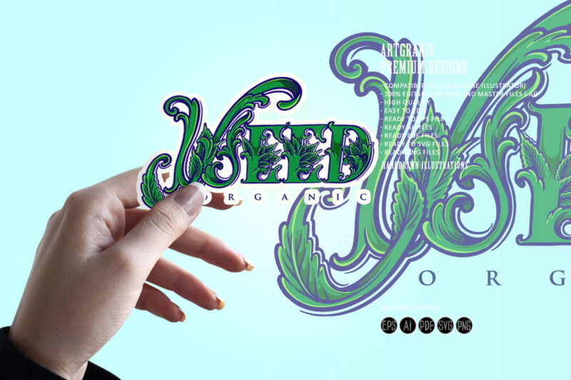 Classic weed leaf Marijuana lettering words Isolated