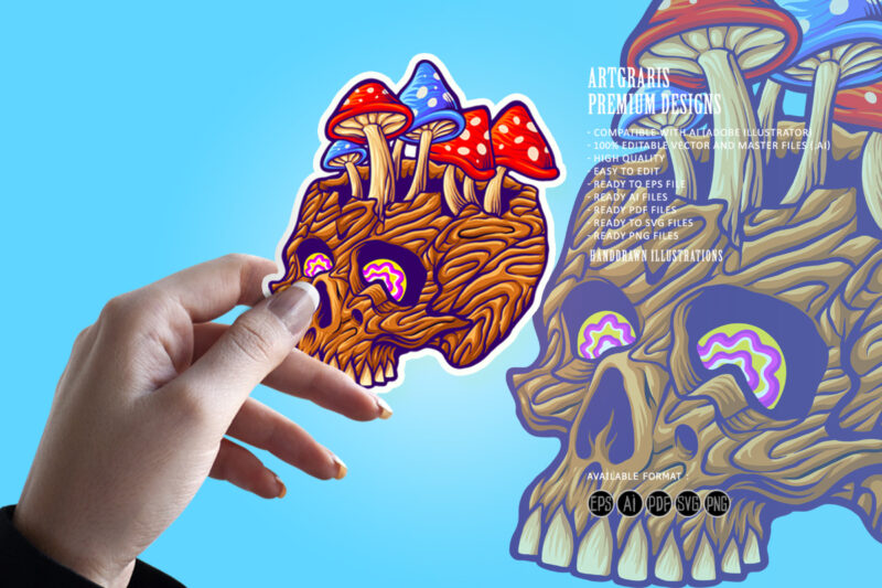 Wood skull with mushrooms Fungu Illustrations