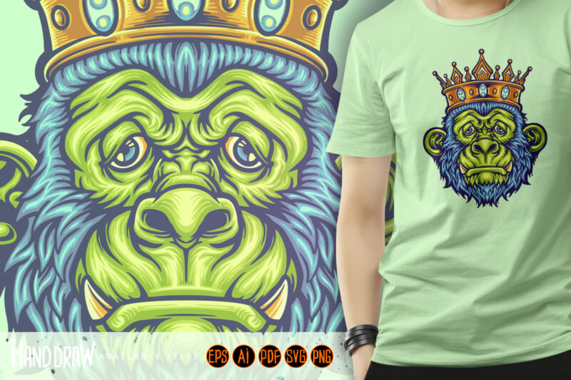 Head King Monkey with Crown Mascot Illustrations