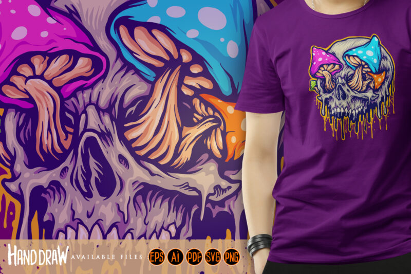 Scary skull mushrooms melted colorful Illustrations