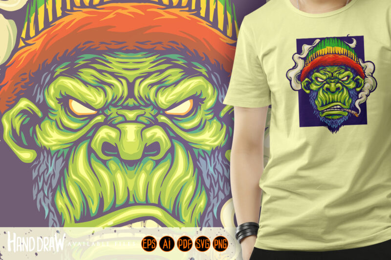 Gorilla rastafarian with smoking cannabis Mascot Illustrations