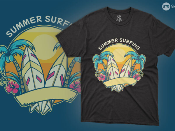 Surf board summer illustration t shirt template vector