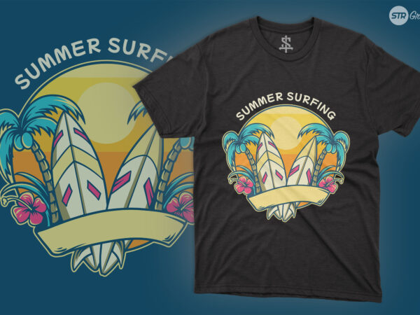 Surf board summer illustration t shirt template vector