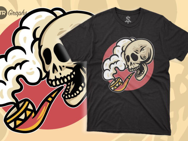 Skull smoking – retro illustration t shirt template vector
