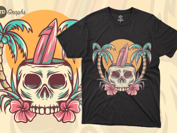 Skull summer day – retro illustration t shirt template vector