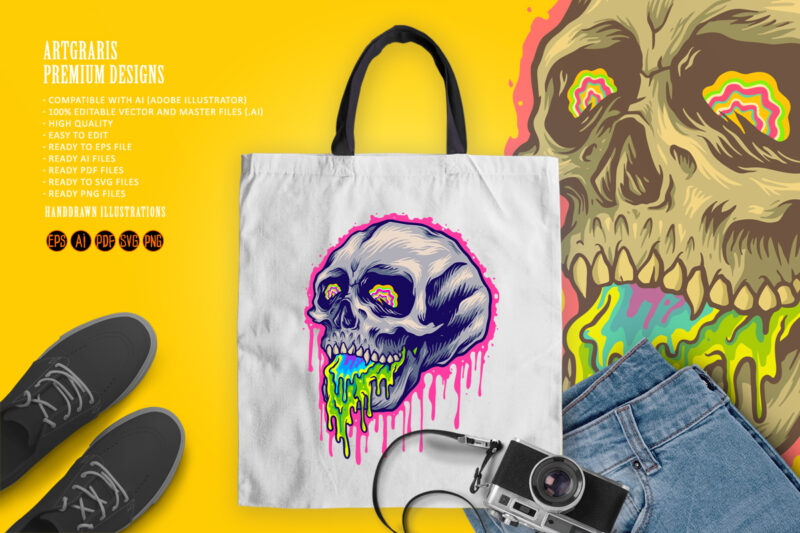 Psychedelic Scary colorful stone Skull Melting Illustrations