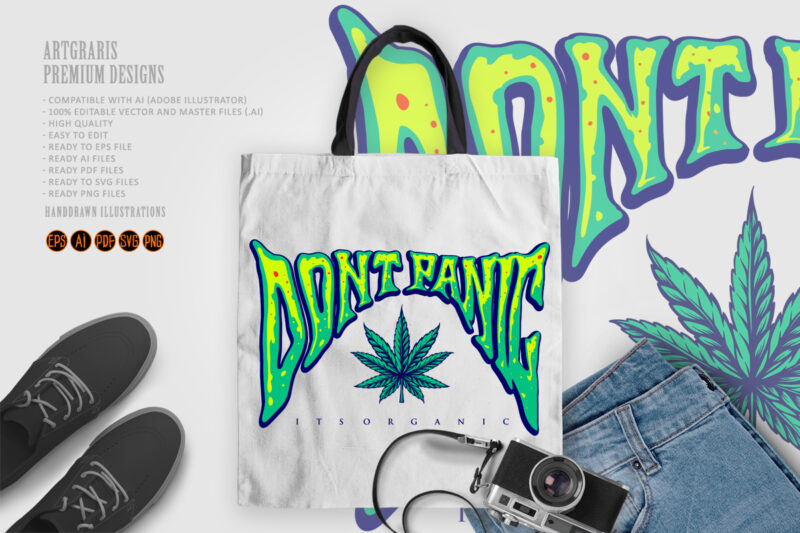 Weed lettering Dont panic word typography Cannabis Logo