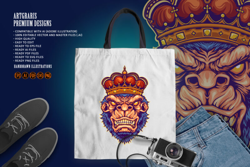 Angry king kong with gorilla crown Mascot Illustrations