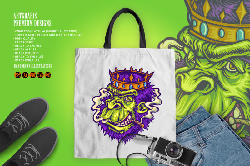 Crowned gorilla with smokes cannabis Mascot Illustrations
