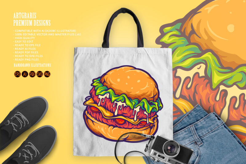 Delicious burger Fast Food cartoon Illustrations