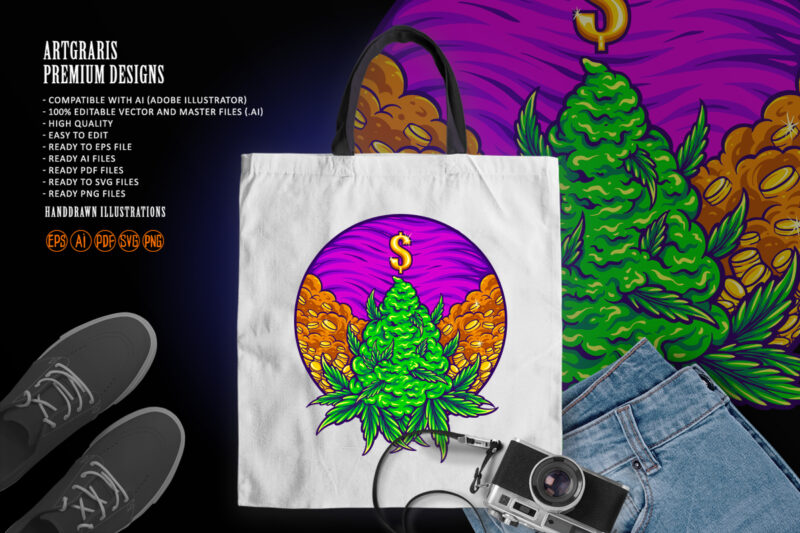 Weed leaf Hemp with cash money Logo Illustrations