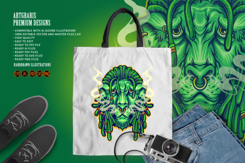 Dreadlock Head Lion Mascot with Cannabis Smoke Illustrations