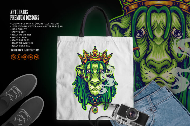 King Lion Gold crown Green weed smoke Cartoon Illustrations