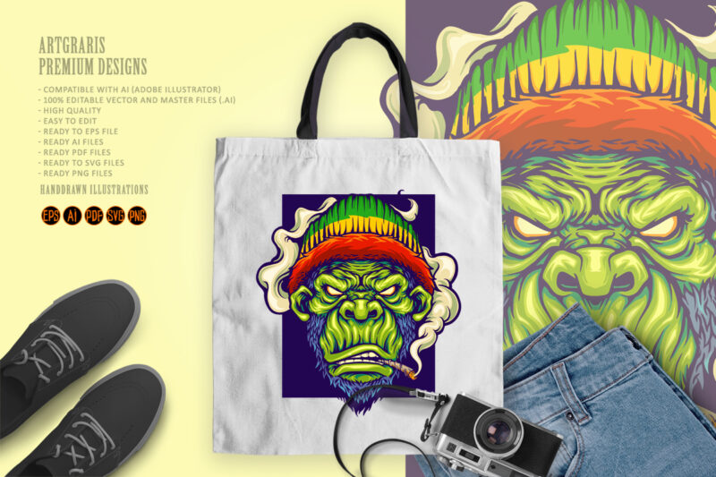 Gorilla rastafarian with smoking cannabis Mascot Illustrations