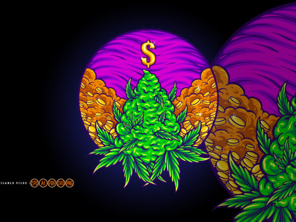 Weed leaf hemp with cash money logo illustrations t shirt design for sale