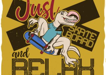 Dinosaur riding a skateboard with a tongue out