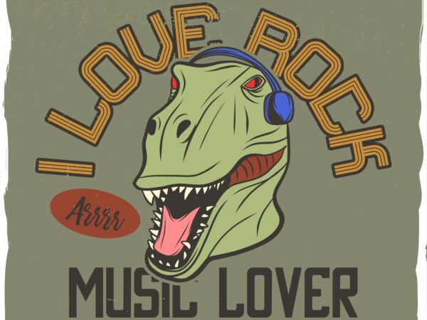 Dino’s head listening to rock music t shirt vector illustration