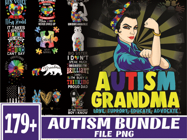 Https://svgpackages.com bundle 179+ autism png, autism rainbow png, peace love autism, autism gift, autism awareness, autism heart, puzzle ribbon, digital download 936897611 graphic t shirt