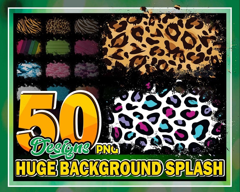 50 Design Huge Background Splash PNG. Bundle Clipart Frame, Digital Download, Leopard, Animal Print Cheetah, Sublimation, Wood Watercolor 896130196