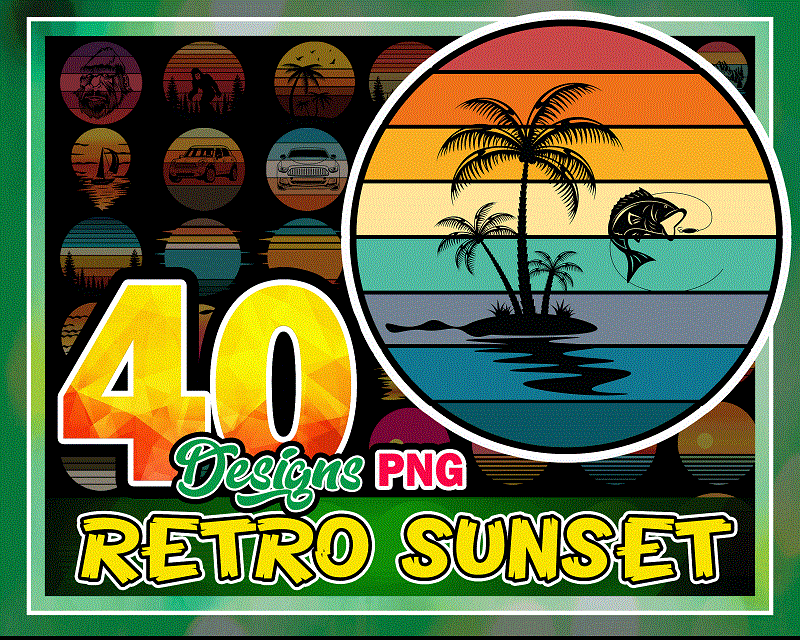 40 Retro Sunset Png Bundle, Vintage Retro Sunset Png, Retro Tropical Beach Png, Beach Palm Tree, Sunset Sublimation, Vintage Retro Bundle 964124587