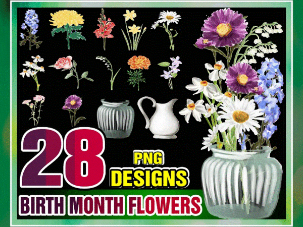 Https://svgpackages.com 28 birth month flowers clipart, watercolor floral png bundle, diy birth month flower print creator kit, flower graphic, botanical clipart 985133644
