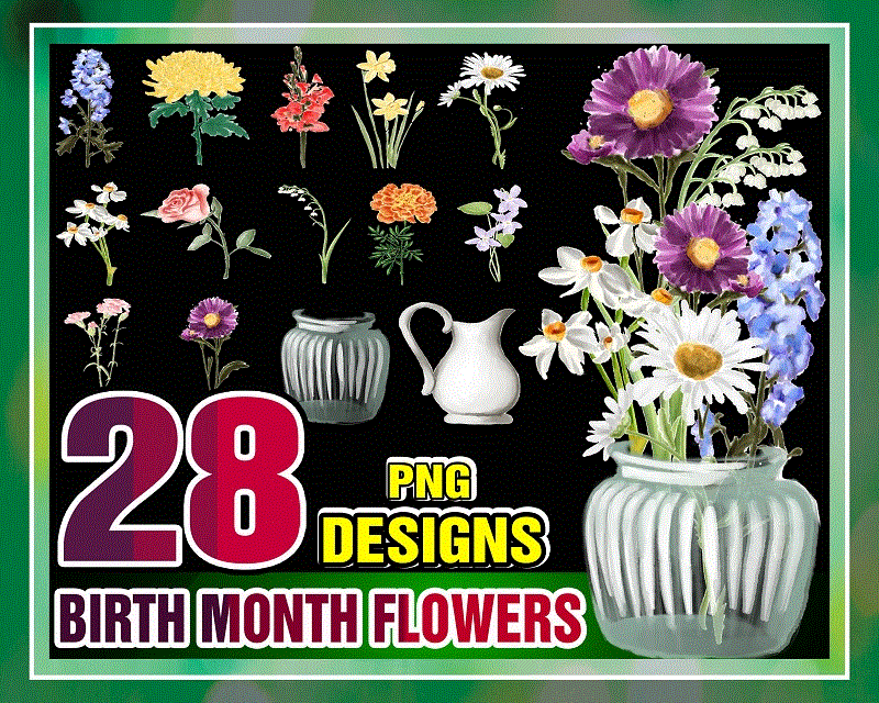 28 Birth Month Flowers Clipart, Watercolor Floral PNG Bundle, DIY Birth Month Flower Print Creator Kit, Flower Graphic, Botanical Clipart 985133644