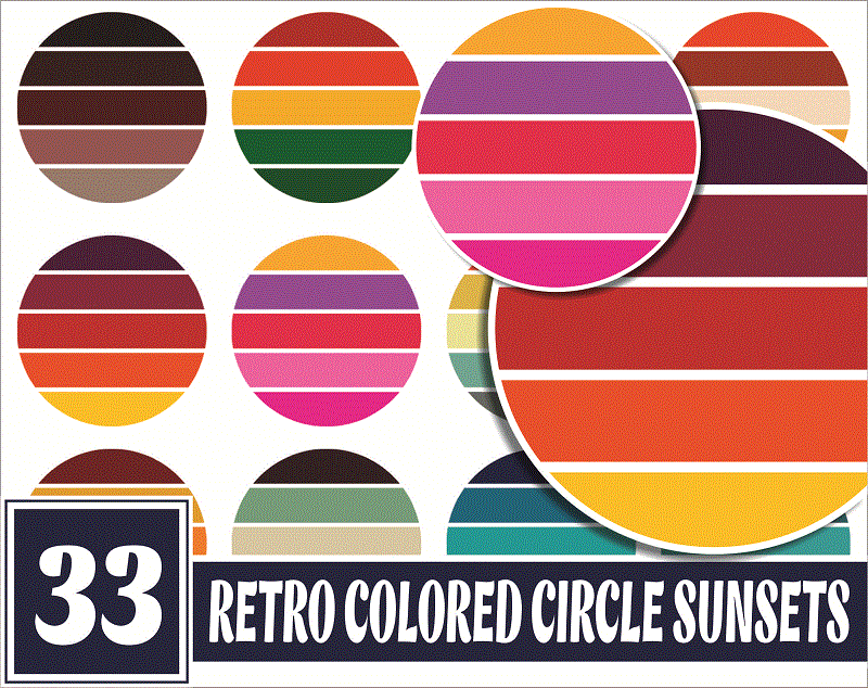 33 Files Retro Colored Circle Sunsets Clipart, Circle Round Background Vintage Color Palettes Commercial License Print On Demand 988658536