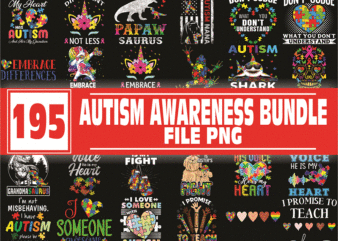https://svgpackages.com Bundle 195 AUTISM Awareness PNG, Peace love autism, April We Wear Blue Autism, Ribbon Autism Awareness, Mama bear autism Mom, Be kind autism 989921344