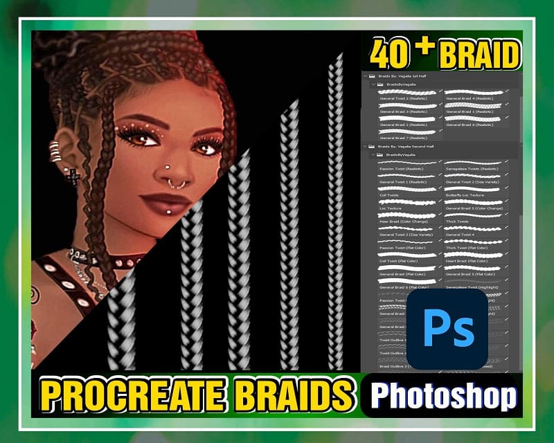 40+ ProCreate Braids, Photoshop Studio Paint Braids, Twists, Locs Brush, Realistic Braid Brush, Hair Brush, Anime Cartoon, Fashion Premium 998171964