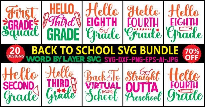 Back To School SVG Bundle, Teacher Svg, 20 shirt design,th days of school, Graduation Cap, Book, Kids Silhouette Png Eps Dxf Vinyl Decal Digital Cut File,Back To School SVG Bundle,