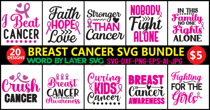 Breast Cancer SVG Bundle, 20 svg t-shirt design ,Breast Cancer Svg, Cancer Awareness Svg, Cancer Survivor Svg, Fight Cancer Svg, cut files, Cricut, Silhouette, PNG,Breast Cancer Awareness Silhouettes, Cricut file,