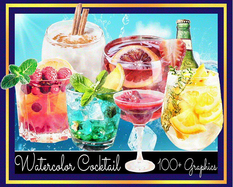 100+ Designs Watercolor Cocktail Graphics PNG, Cocktail Clipart, Signature Cocktails, Beverages, Digital Download 773851880