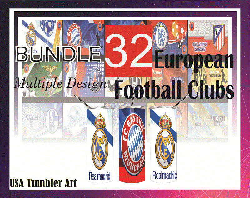 Combo 32 European Football Clubs Multiple Designs, 20oz Skinny Straight,Template for Sublimation,Full Tumbler, PNG Digital Download 1014533239