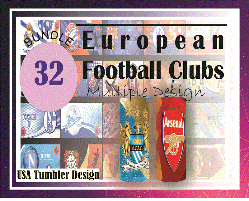 Combo 32 European Football Clubs Multiple Designs, 20oz Skinny Straight,Template for Sublimation,Full Tumbler, PNG Digital Download 1014533239