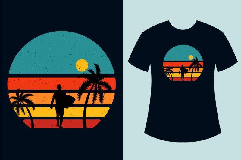 Retro Sunset Summer T Shirt Design Bundle, Retro Vintage Circle Surfing T Shirt Design Bundle