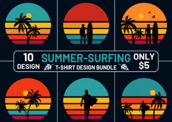 Retro Sunset Summer T Shirt Design Bundle, Retro Vintage Circle Surfing T Shirt Design Bundle