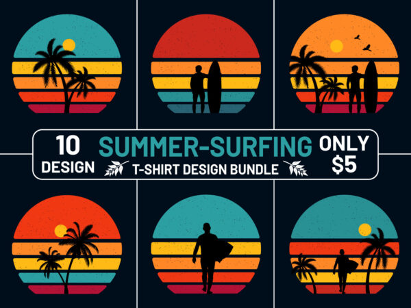 Retro sunset summer t shirt design bundle, retro vintage circle surfing t shirt design bundle