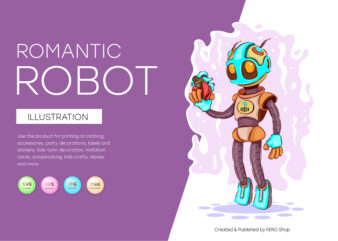 Romantic Cartoon Robot. T-Shirt, PNG, SVG.