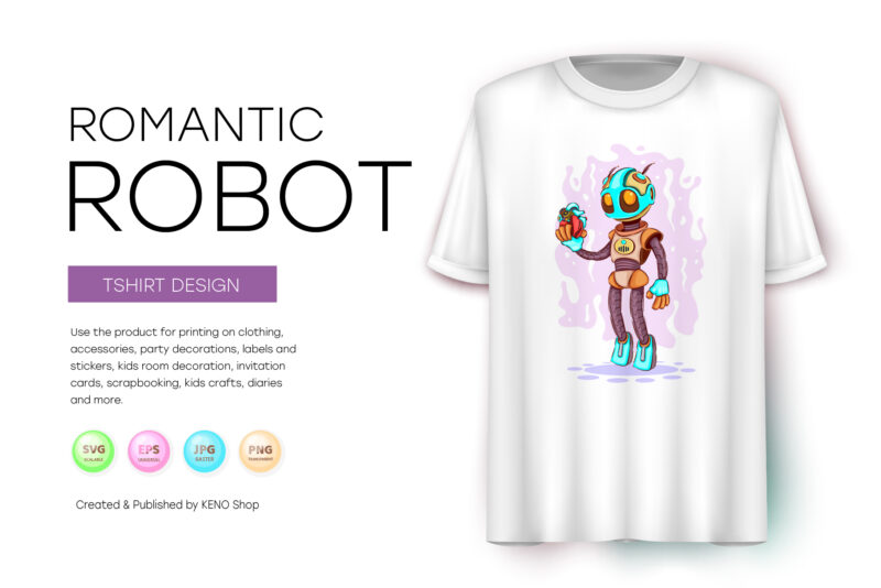 Romantic Cartoon Robot. T-Shirt, PNG, SVG.