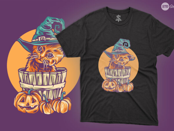 Halloween cat in bucket – illustration graphic t shirt