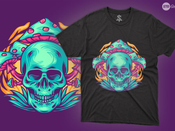 Skull and mushrooms – illustration t shirt template vector