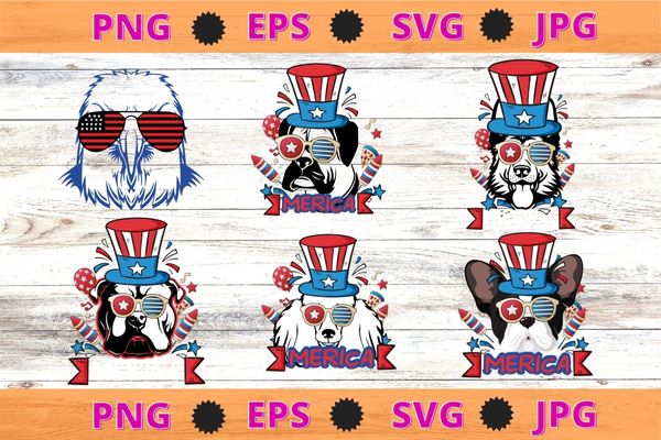 1 design 6 version bulldog, german shepherd, poodle, french bulldog, boxer, pug, merica 4th of july american flag patriotic gifts tee shirt design svg