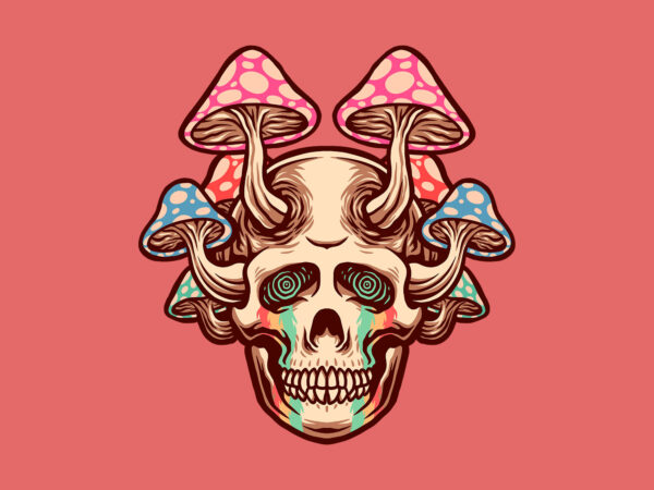 Trippy skull mushroom t shirt designs for sale