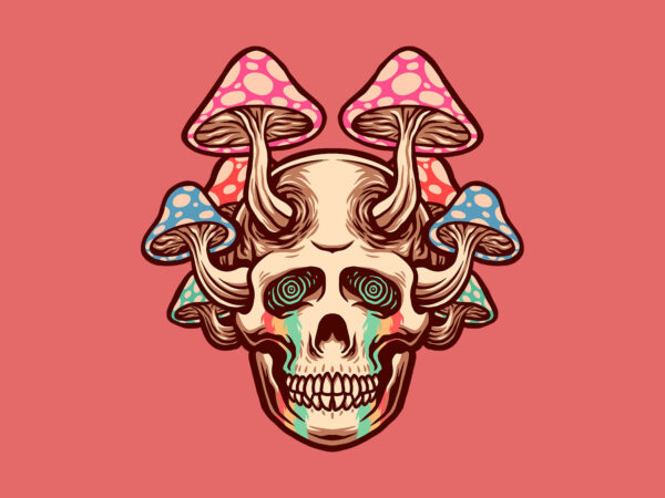 Trippy skull mushroom t shirt designs for sale