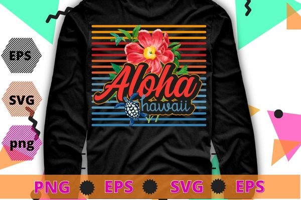 Line vintage retro Aloha Hawaii Beach united state city sea turtle flower T-shirt design svg, Line vintage, retro, Aloha, Hawaii, Beach, united state city, sea turtle, flower