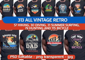 313 ALL VINTAGE RETRO BUNDLE: 57 HIKING, 30 DIVING, 31 SUMMER SURFING, 79 HUNTING AND 115 BICYCLE
